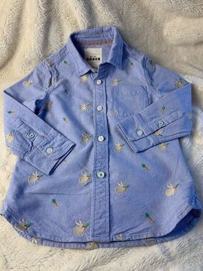 Boden Light Blue Button-Down Shirt with Bunny & Carrot Embroidery